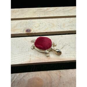 Vintage 2.5"Gold Tone Metal Turtle Pin Cushion-Red Velvet Shell-Sewing